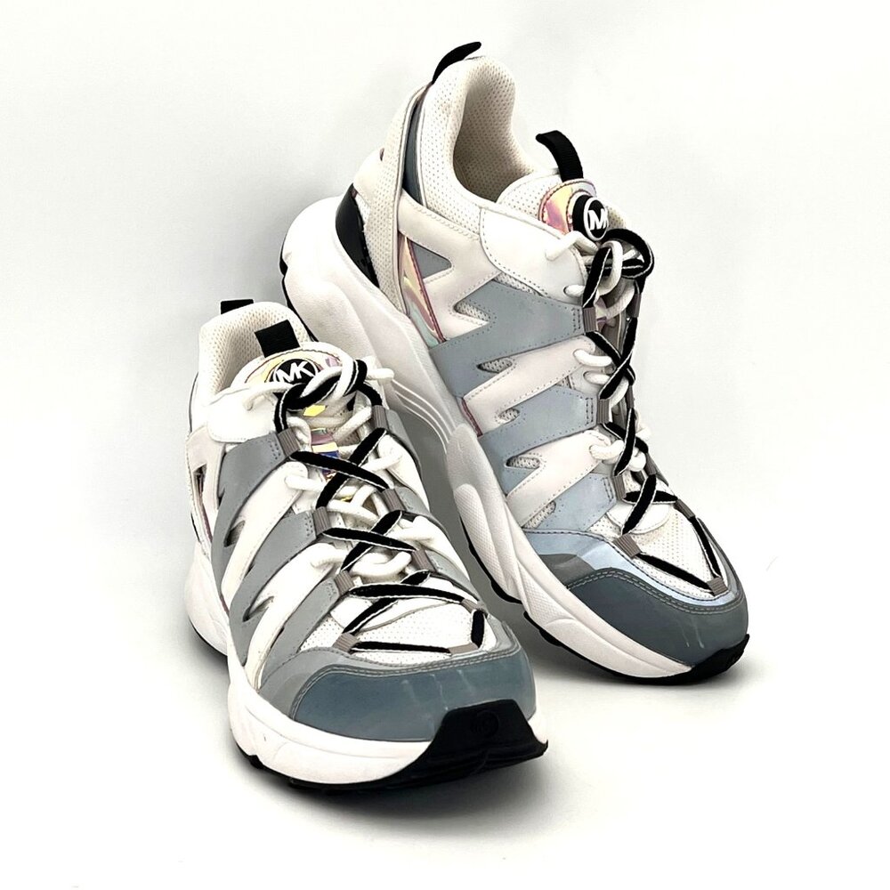 MICHAEL KORS Hero Mixed-Media Trainer Optic White Silver Sneakers Shoes 11M